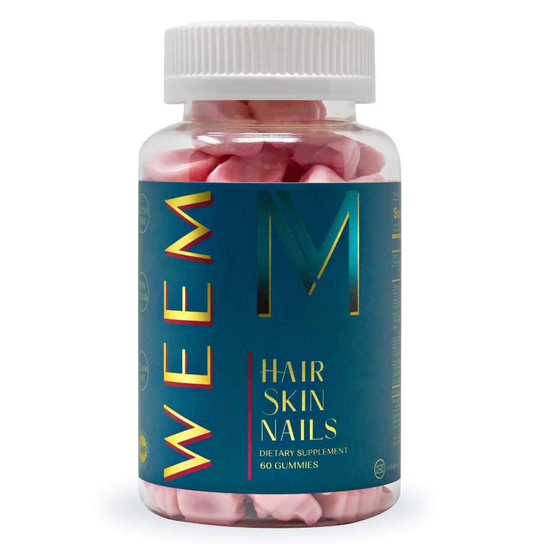 WEEM Hair Skin and Nails Gummies bottle front supporting healthy-looking hair and nails.