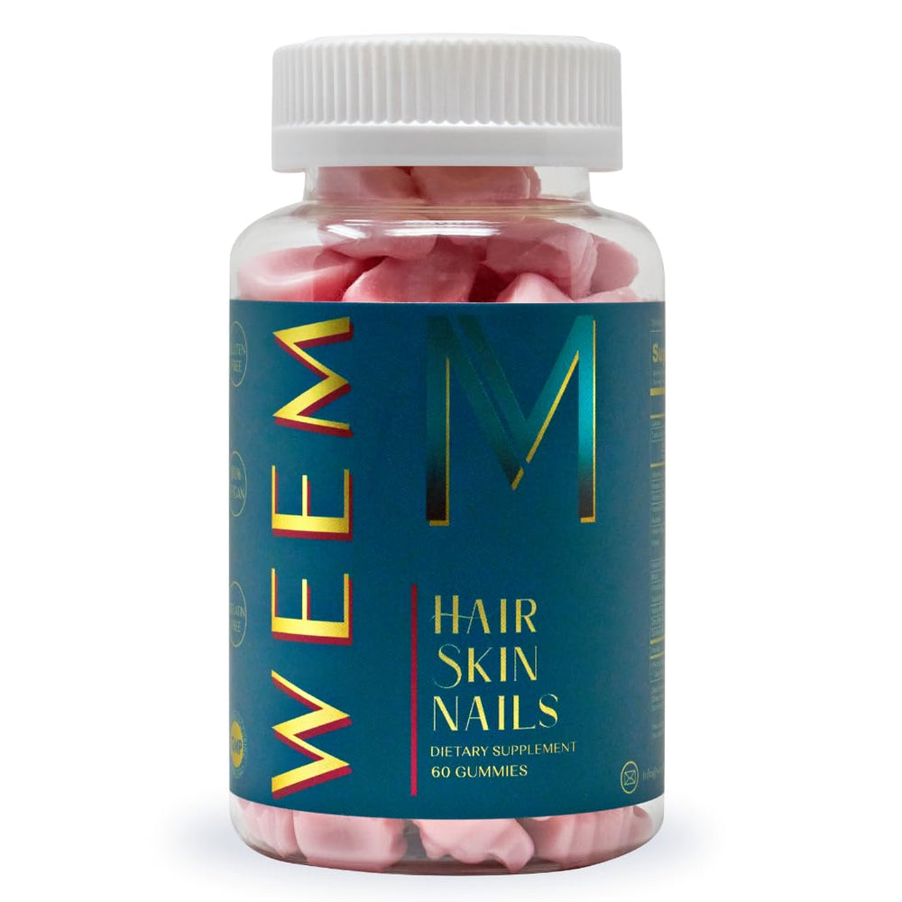 WEEM Hair Skin and Nails Gummies bottle front supporting healthy-looking hair and nails.