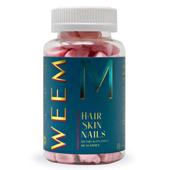 WEEM Hair Skin and Nails Gummies bottle front supporting healthy-looking hair and nails.