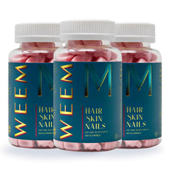 WEEM Hair Skin Nails gummies bottle promotes healthy hair, nails, and skin.