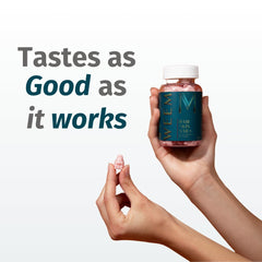 WEEM gummies being chewed demonstrates a simple daily routine for hair and skin care.