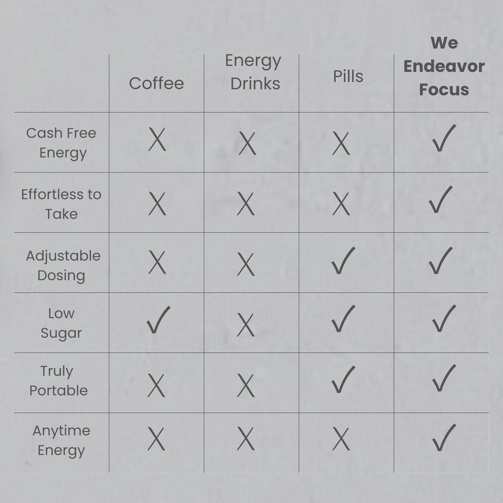 We Endeavor berry gummy ingredients panel hints at caffeine and theanine synergy for balanced energy.