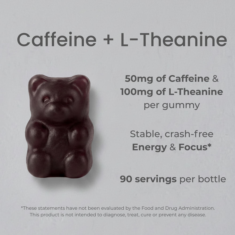 We Endeavor berry gummy label highlights caffeine and theanine benefits for smooth energy.