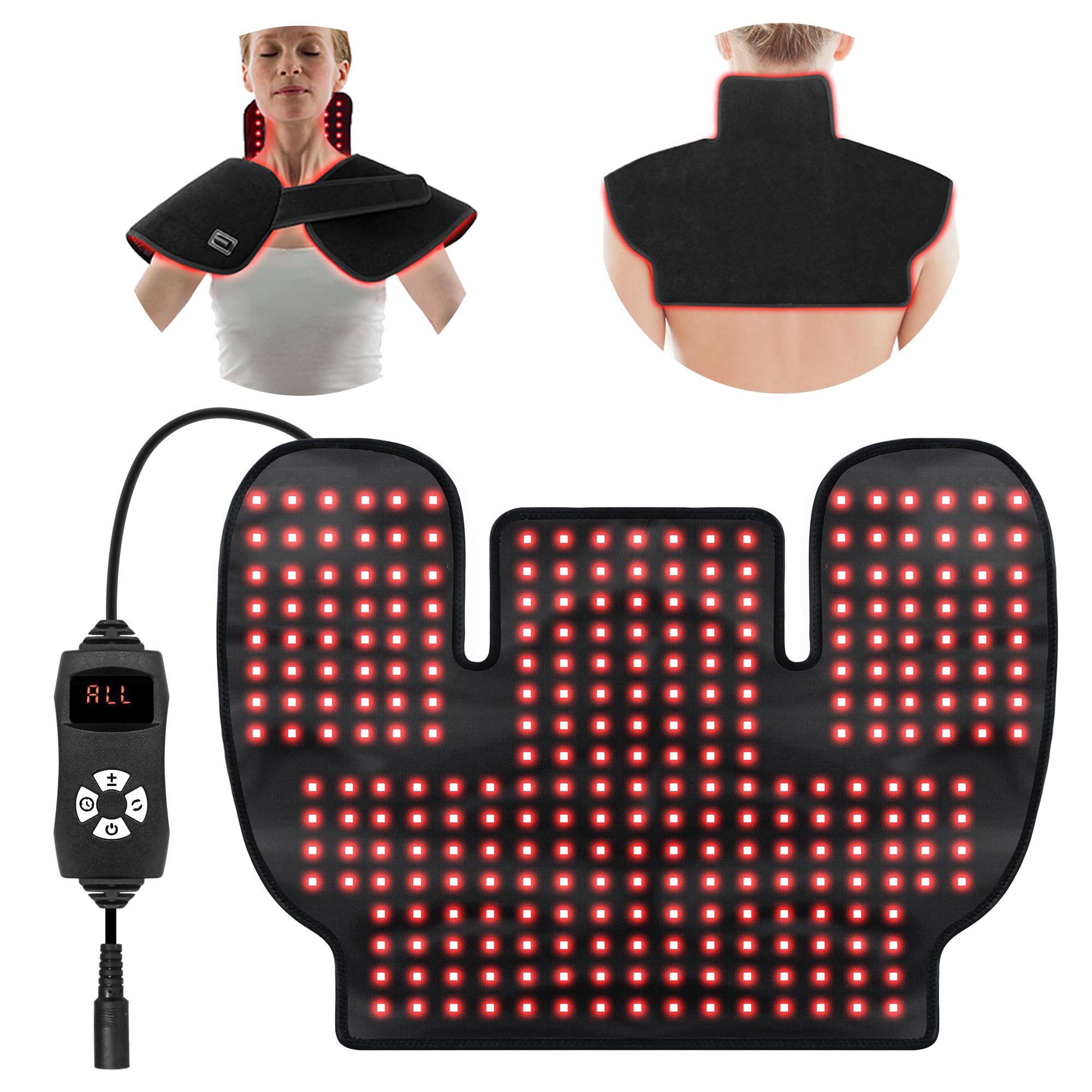Weetall red light therapy shoulder-neck wrap in use for targeted relaxation.