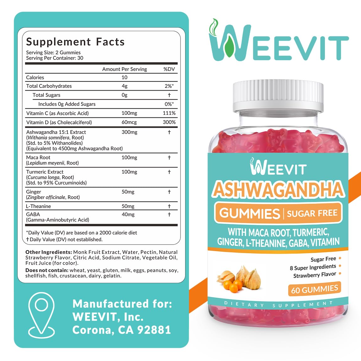 WEEVIT ingredients panel highlights organic herbs for wellness.