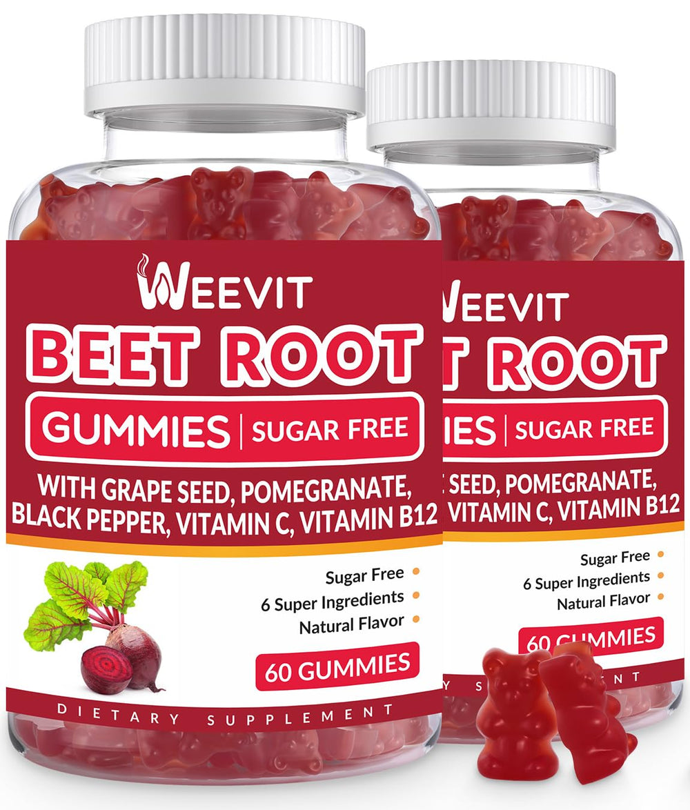 WEEVIT Beet Root Gummies pack closeup, highlighting a portable vegan supplement.