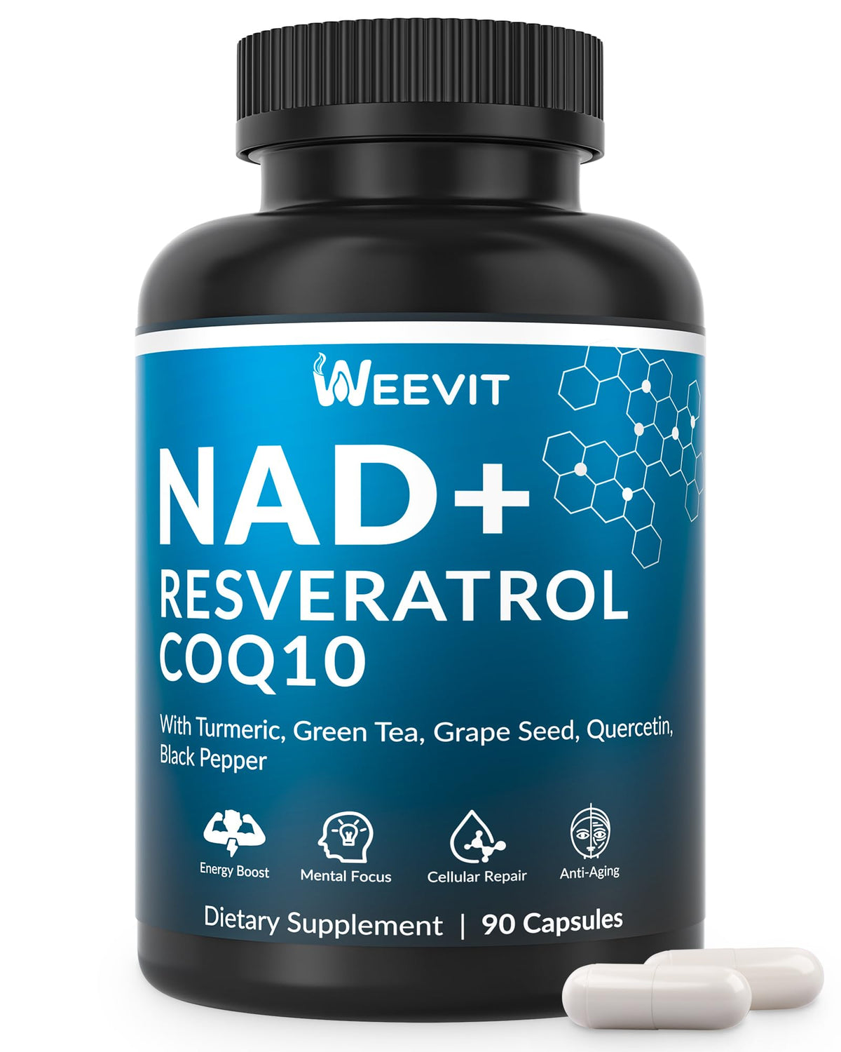 Weevit NAD+ Plus bottle label highlighting energy support.