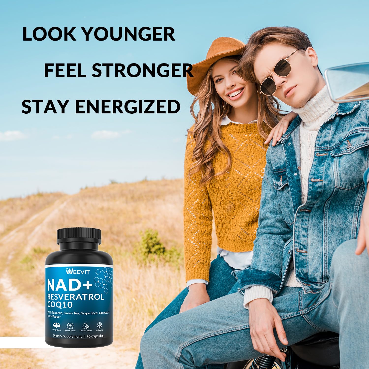Weevit NAD+ label detail shows usage guidance for daily wellness.