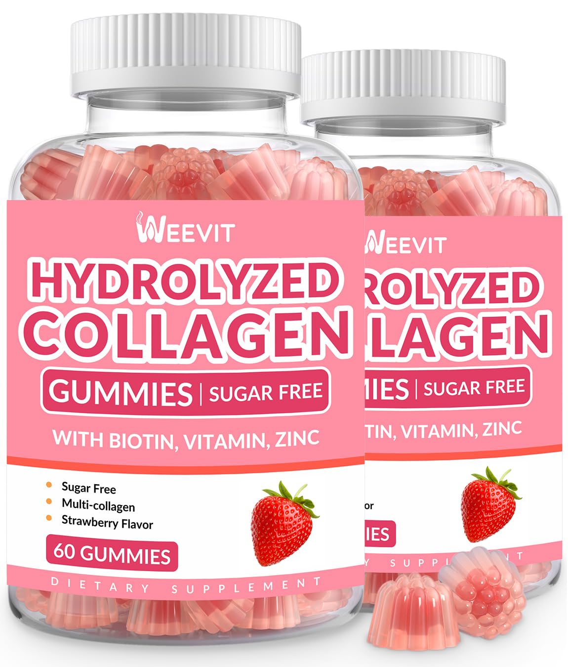 Weevit sugar free collagen gummies bottle with skin support.
