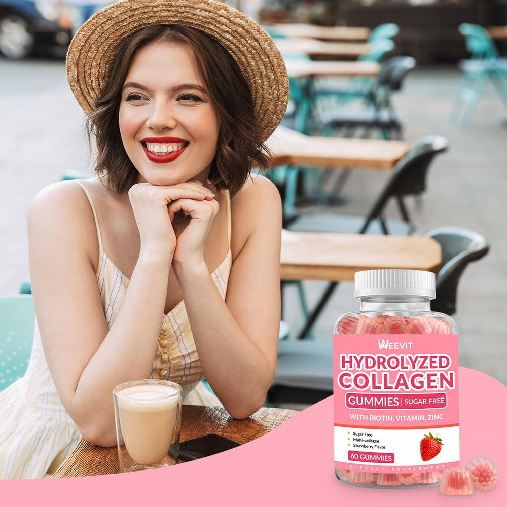 Hand holding Weevit collagen gummies showing convenient daily wellness routine.