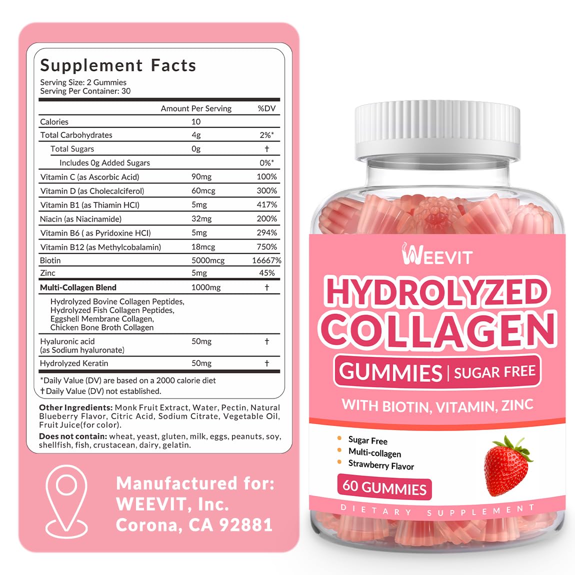 Close-up of Weevit gummies jar showing hydrolyzed collagen types for hair and nails.