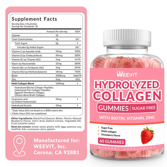 Close-up of Weevit gummies jar showing hydrolyzed collagen types for hair and nails.