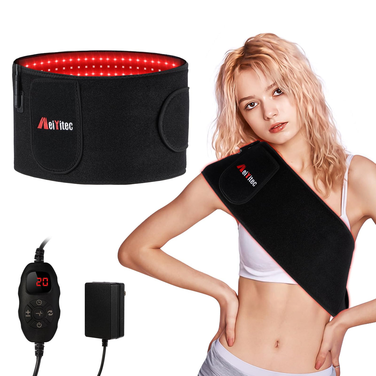 Weiyitec belt with 660nm and 850nm LEDs for at-home light therapy sessions.