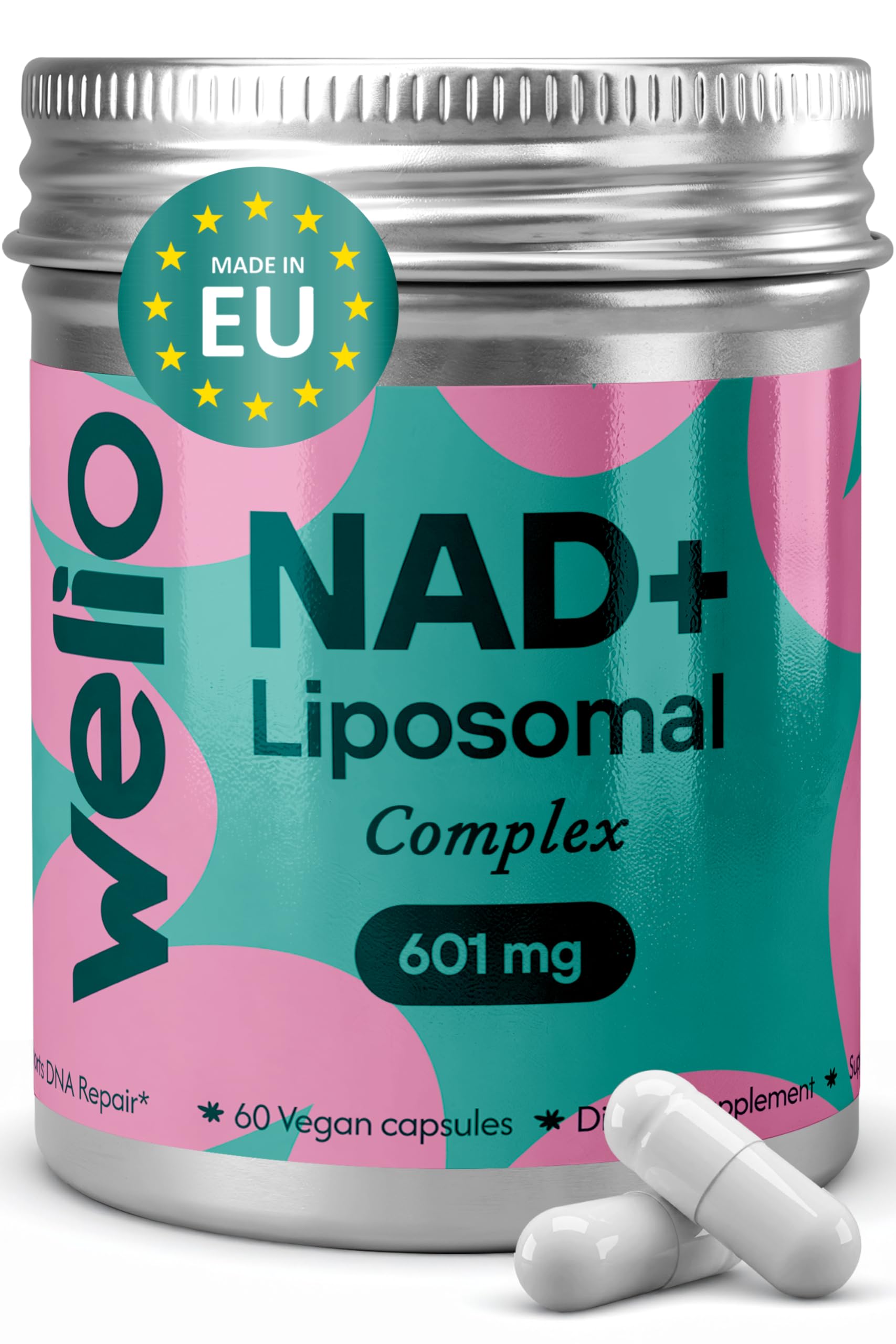 Welio liposomal NAD+ 601mg bottle with advanced delivery for potential cellular energy support.