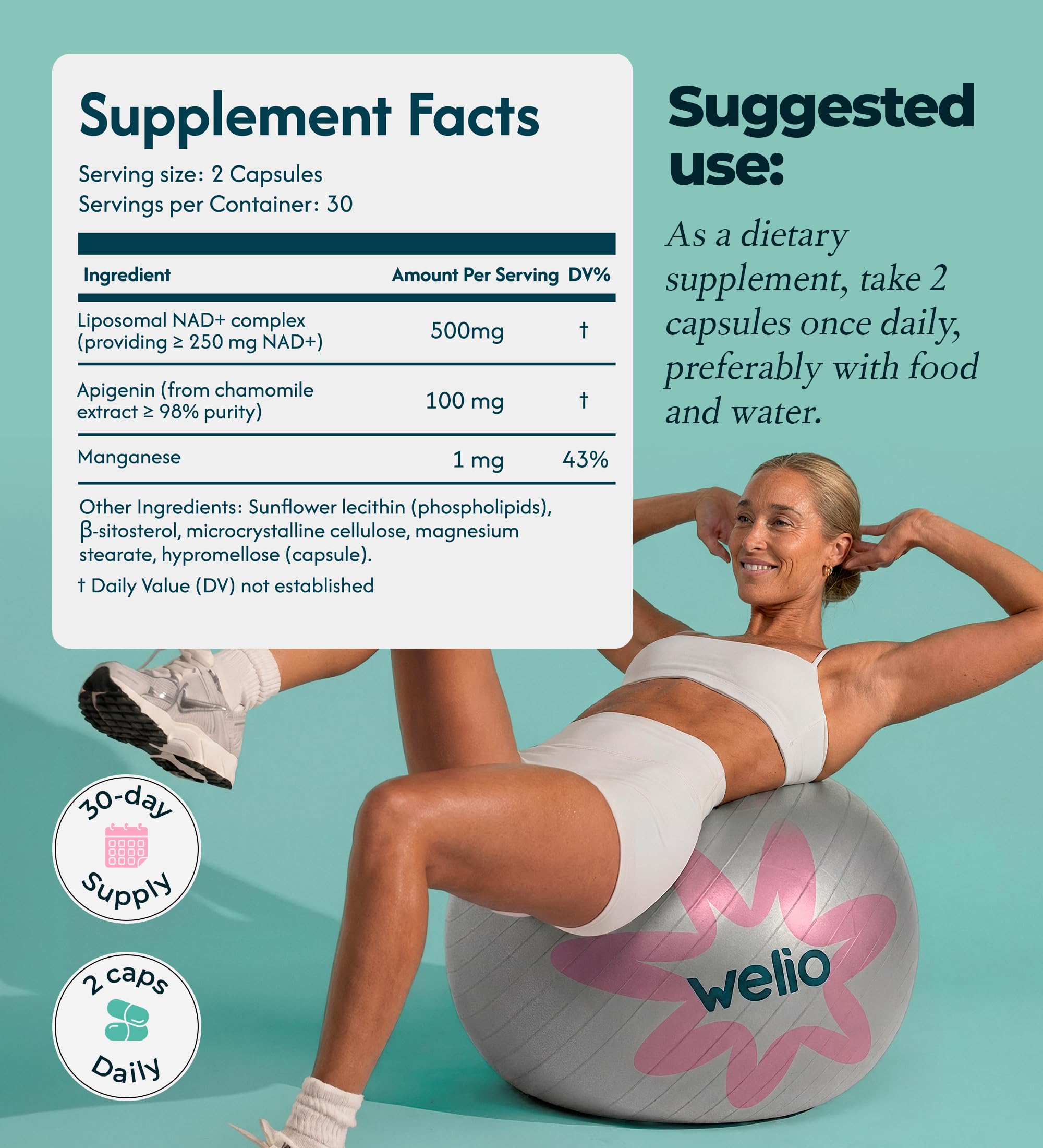 Welio liposomal NAD+ supports energy and cellular health in a balanced daily routine.