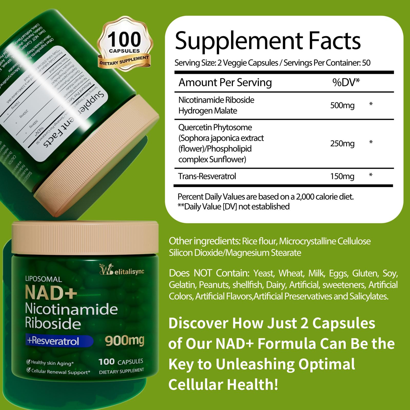 Welitalisync Premium NAD+ bottle side view for convenient daily dosing.