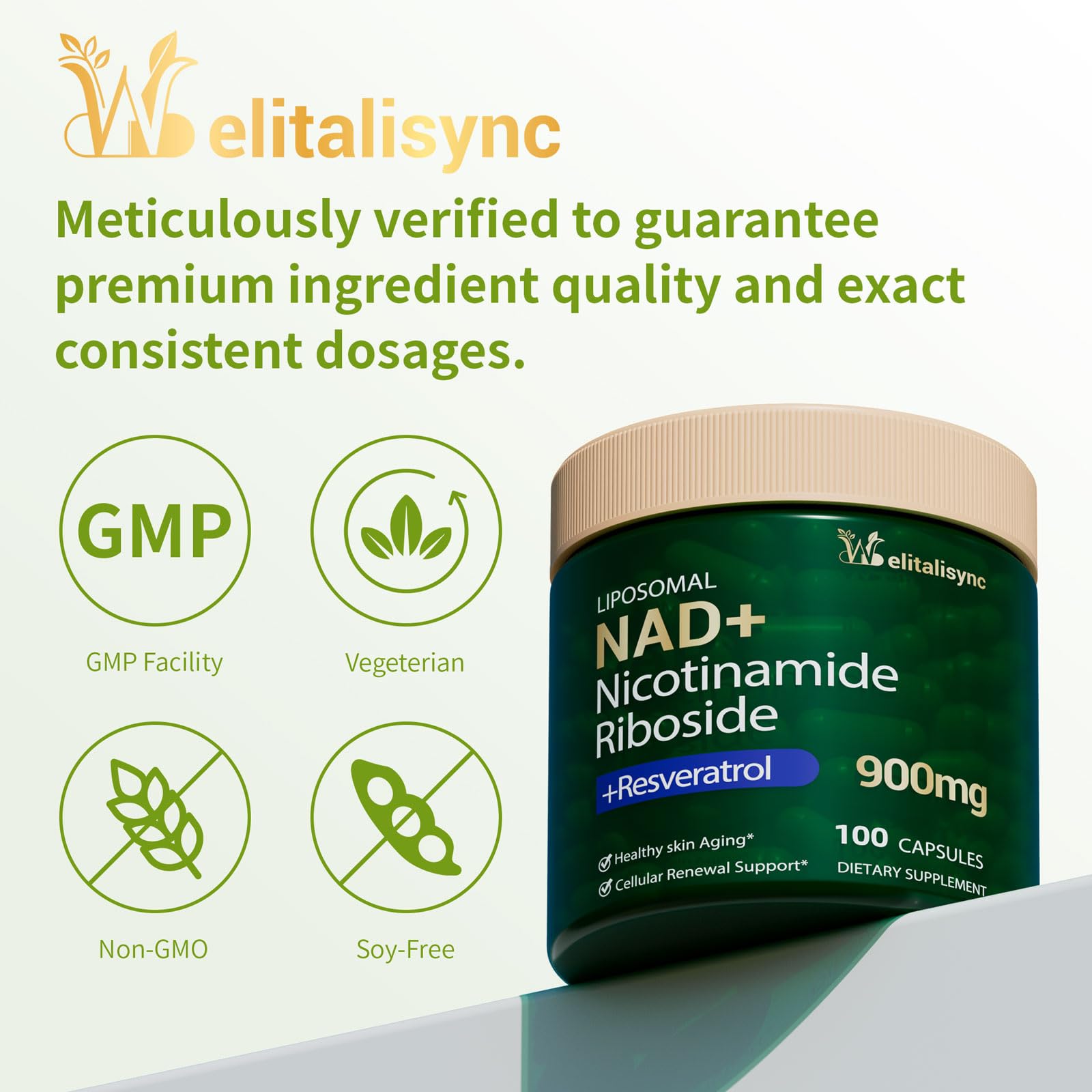 Welitalisync Premium NAD+ packaging on shelf highlighting vegan, non-GMO.