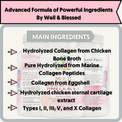 Well and Blessed label emphasizes five collagen types for comprehensive support.