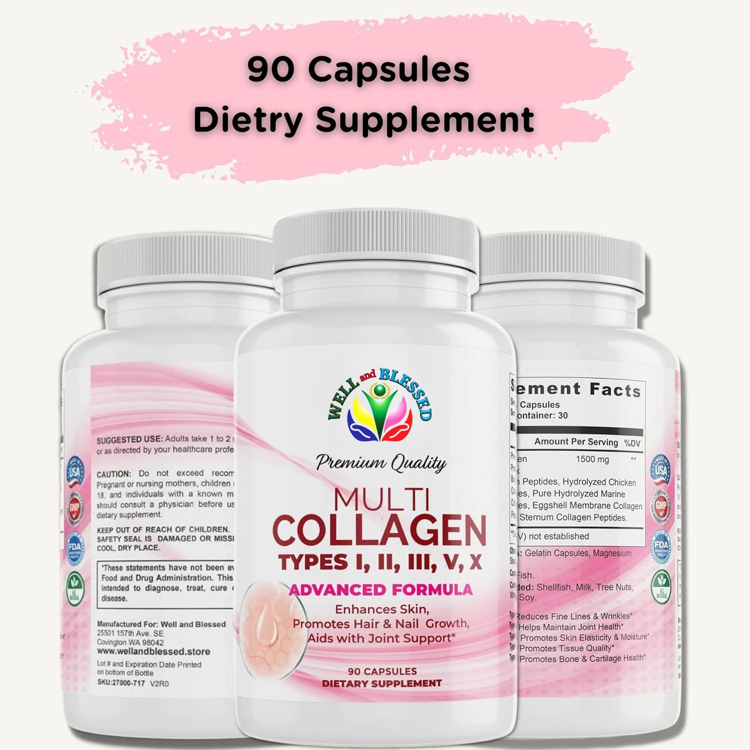 Well and Blessed multi collagen capsules closeup ideal for daily skin, hair, and nails support.