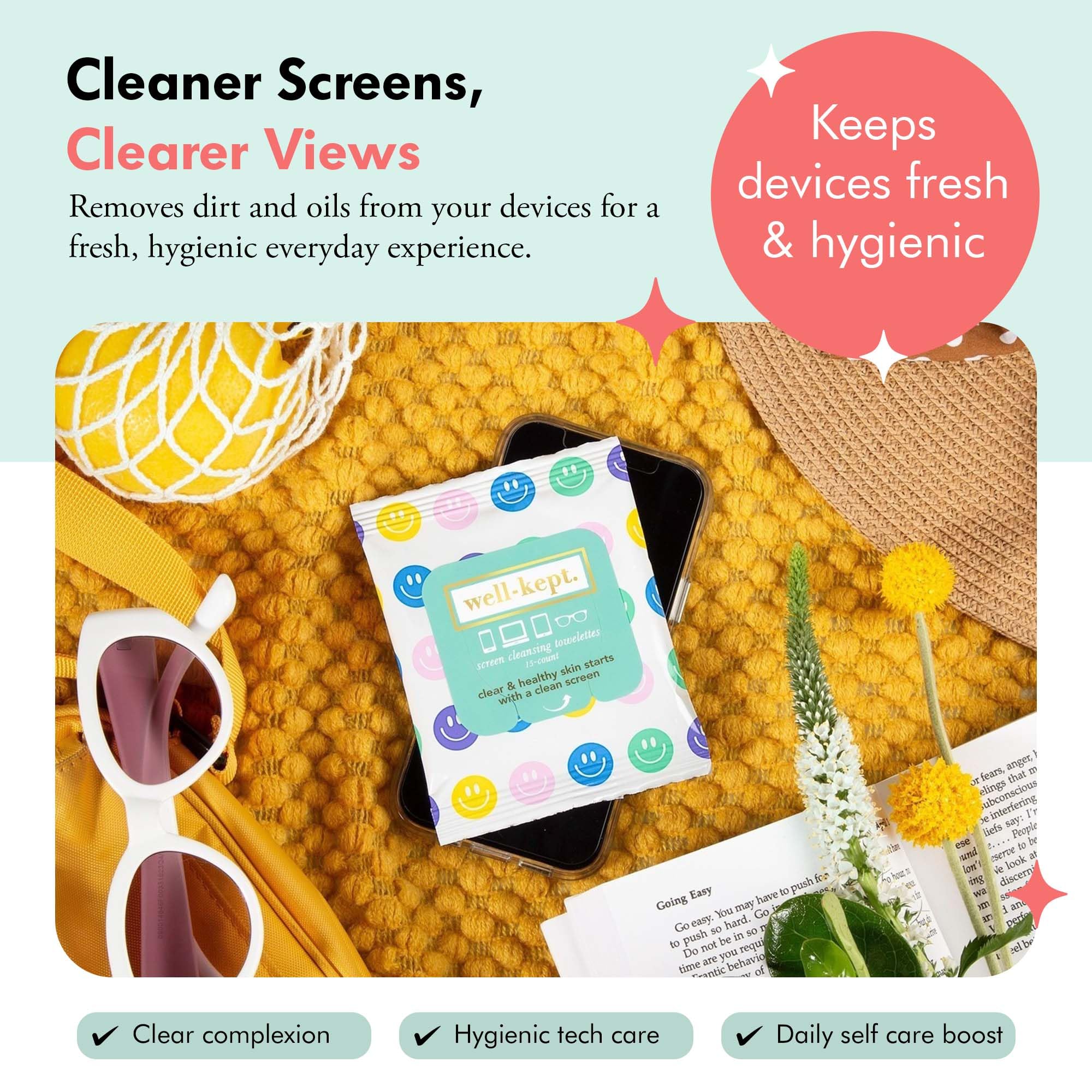 Well-Kept device cleaning wipes on phones and tablets for oil-free clarity