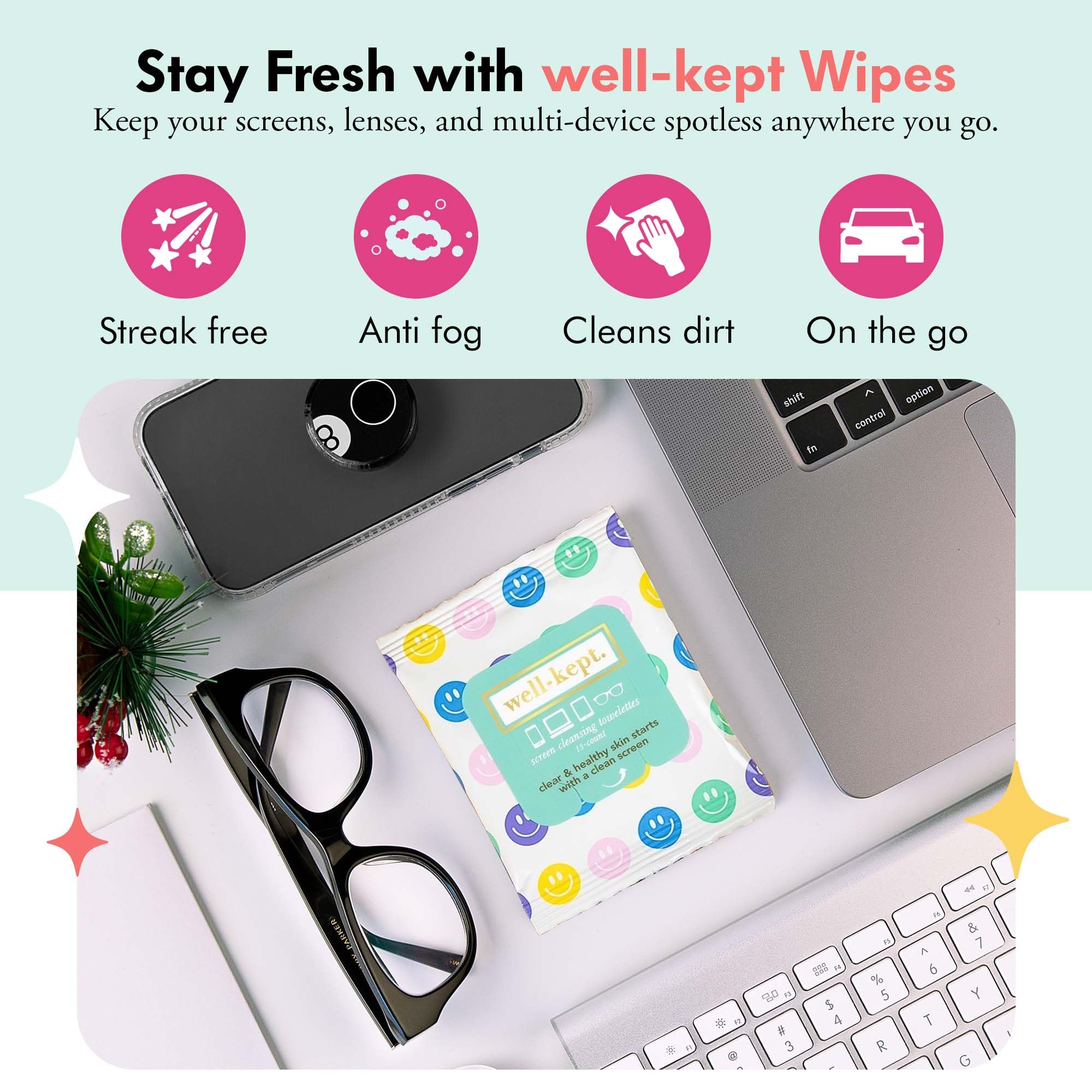 Closeup of Well-Kept 90-count pack for streak-free screens and glasses