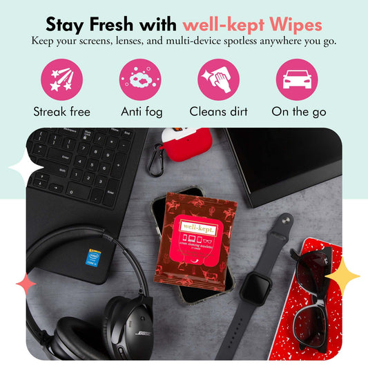 Well-Kept Tech & Lens Wipes on phone screens for anti-static cleanliness