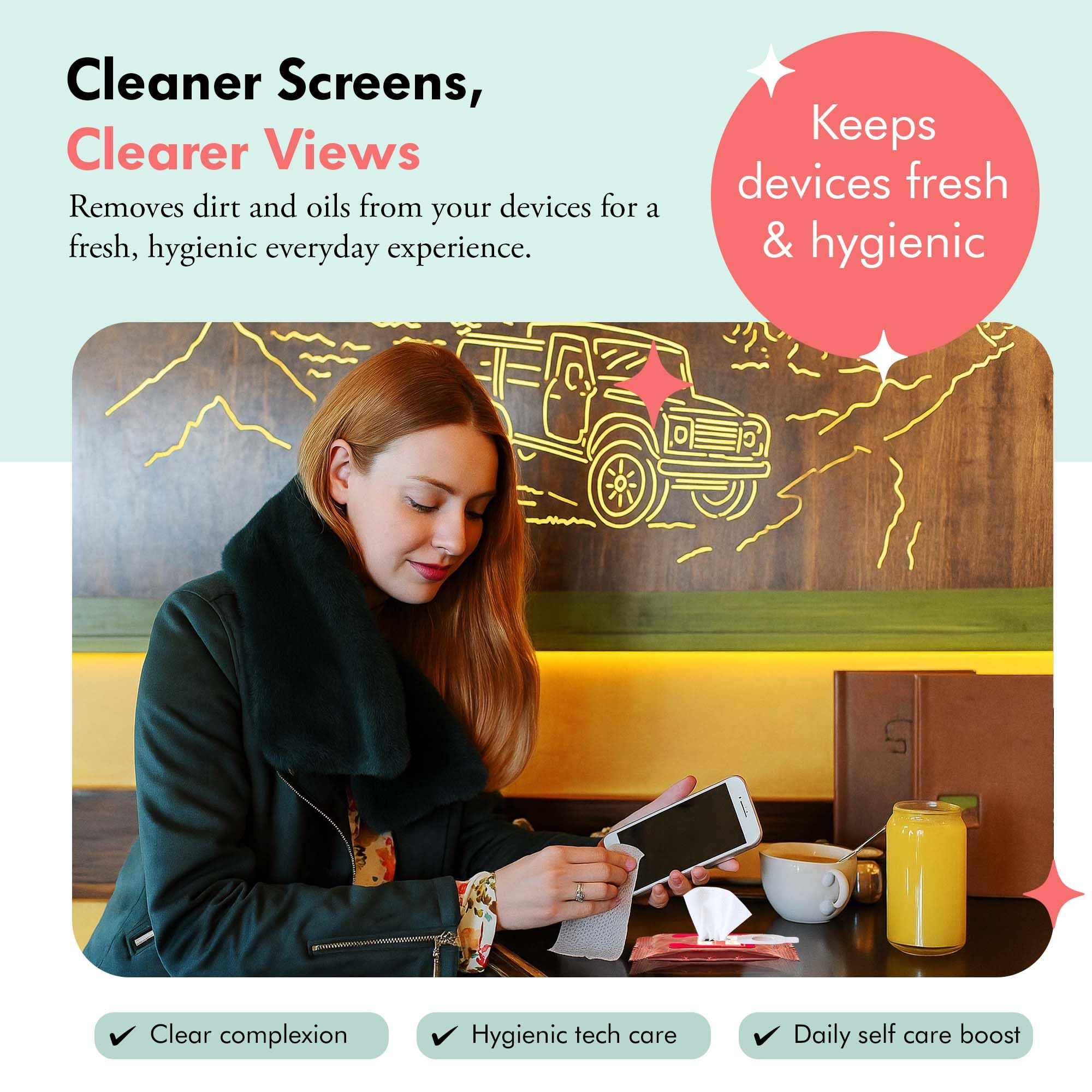 Well-Kept Tech & Lens Wipes on tablet screens for quick, lint-free cleansing
