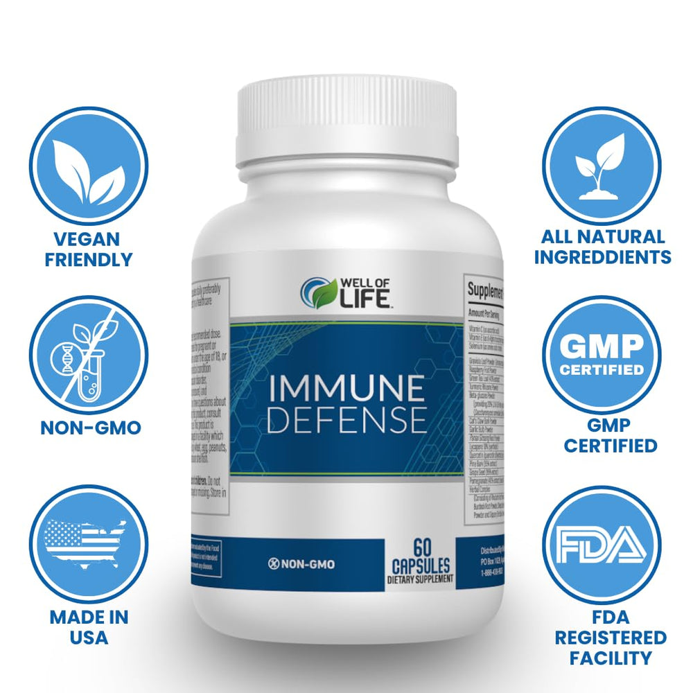 Well of Life Immune Defense 600mg bottle beside fresh fruits and tea to imply natural wellness.