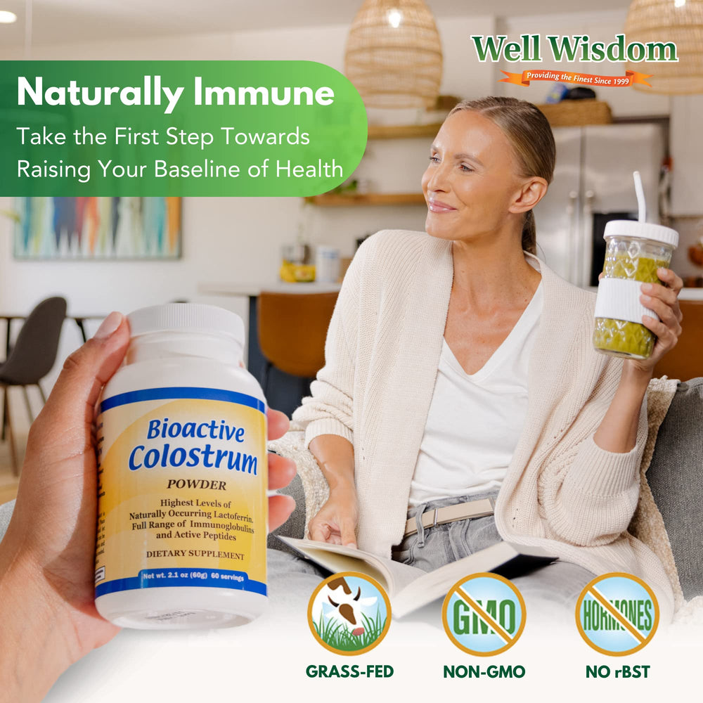 Well Wisdom Bioactive Colostrum pour shot showing easy mixing into beverages.
