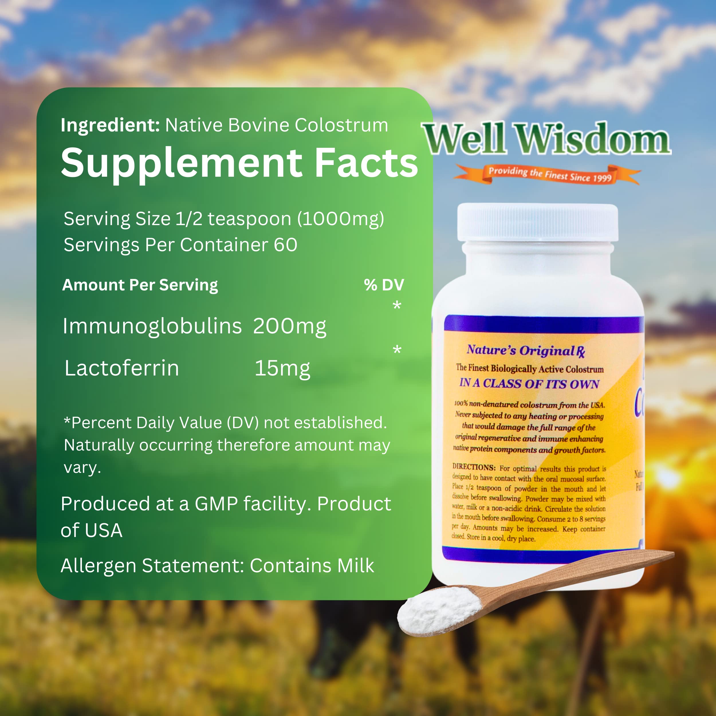 Well Wisdom Bovine Colostrum powder close-up reveals high-quality non-denatured formula.