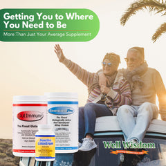 Well Wisdom Colostrum powder container on a counter with clear labeling.