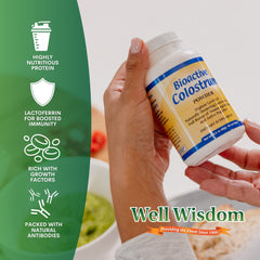 Well Wisdom Grass-Fed Colostrum bottle emphasizing natural sourcing from grass-fed cows.