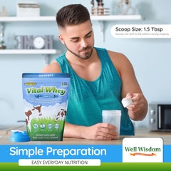 Well Wisdom Vital Whey bottle assembly focusing on 30 servings and 15 g protein per serving