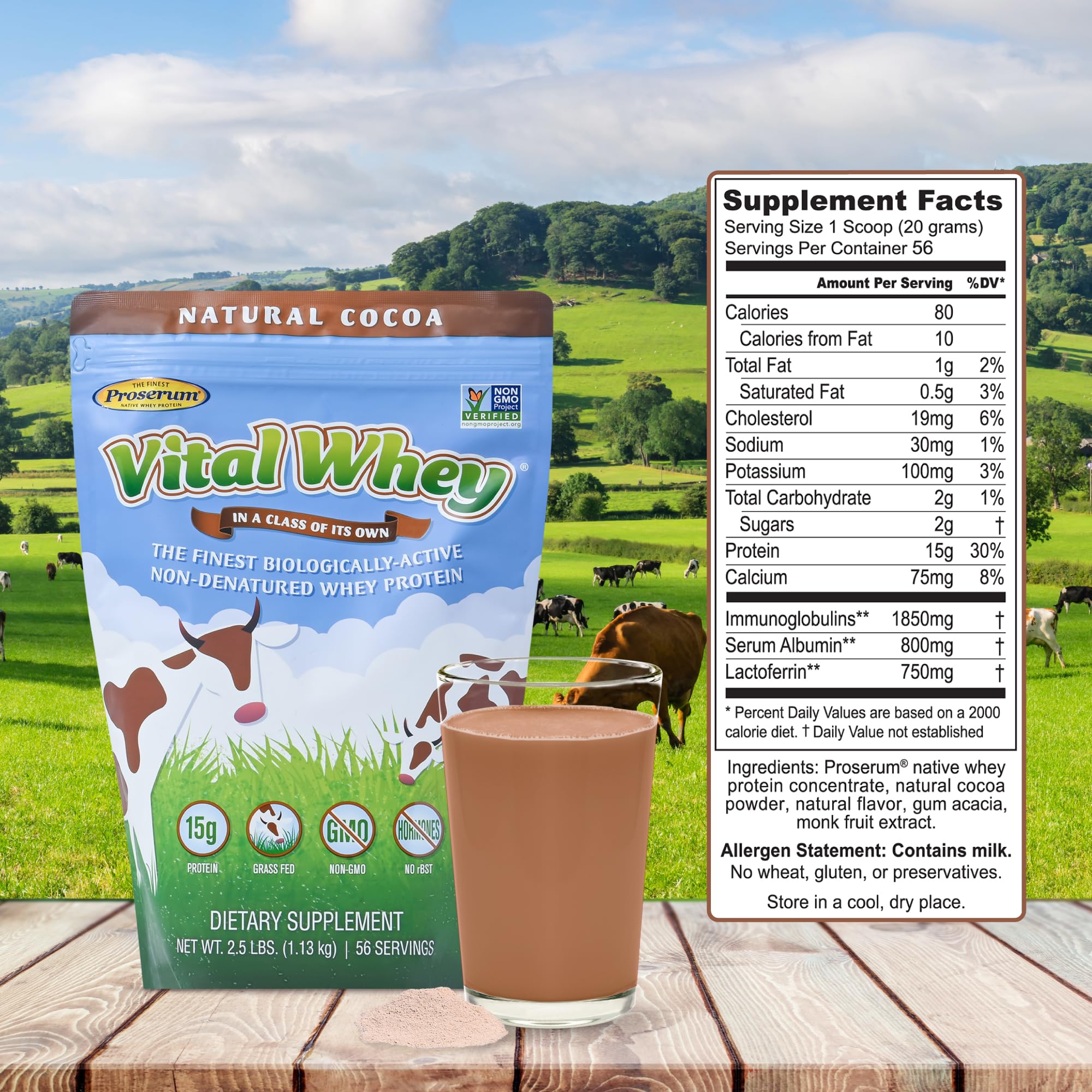 Well Wisdom Vital Whey ingredients panel highlights grass-fed origin for clean protein