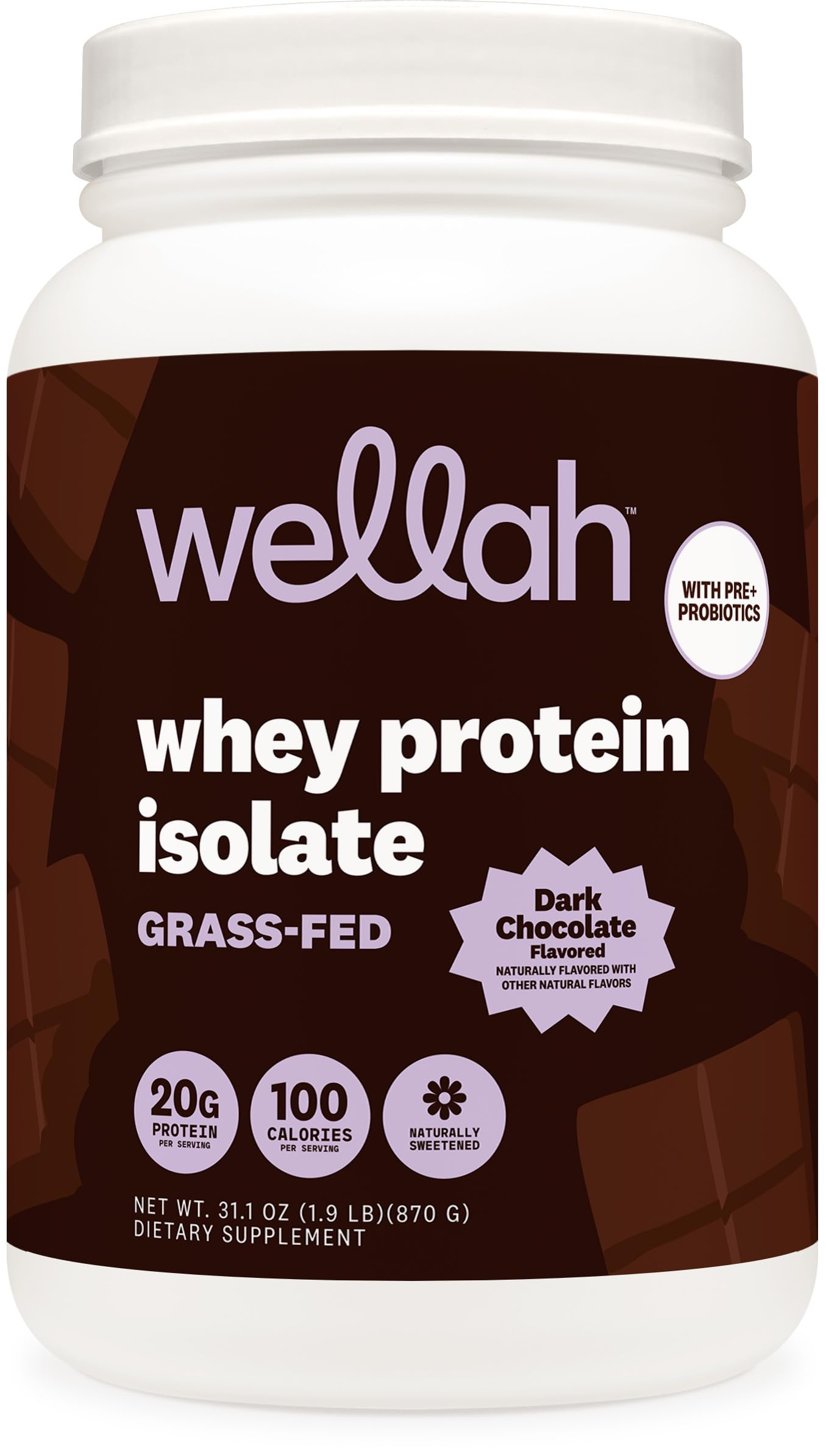 Wellah Grass-Fed Whey front canister showcasing premium protein for daily use.