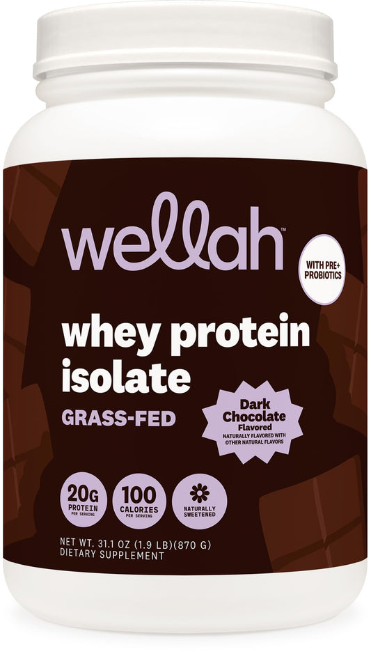 Wellah Grass-Fed Whey front canister showcasing premium protein for daily use.