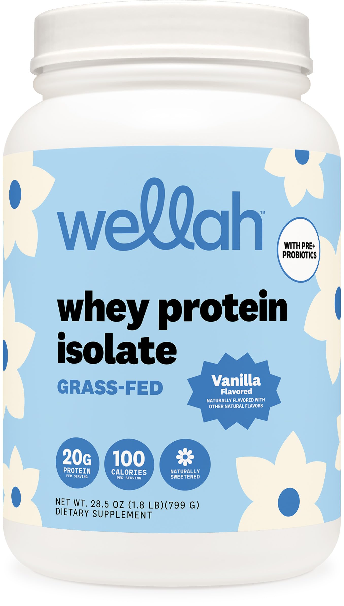Wellah Grass-Fed Whey Protein Isolate Vanilla scoop beside glass of shake for daily protein