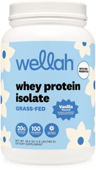 Wellah Grass-Fed Whey Protein Isolate Vanilla scoop beside glass of shake for daily protein