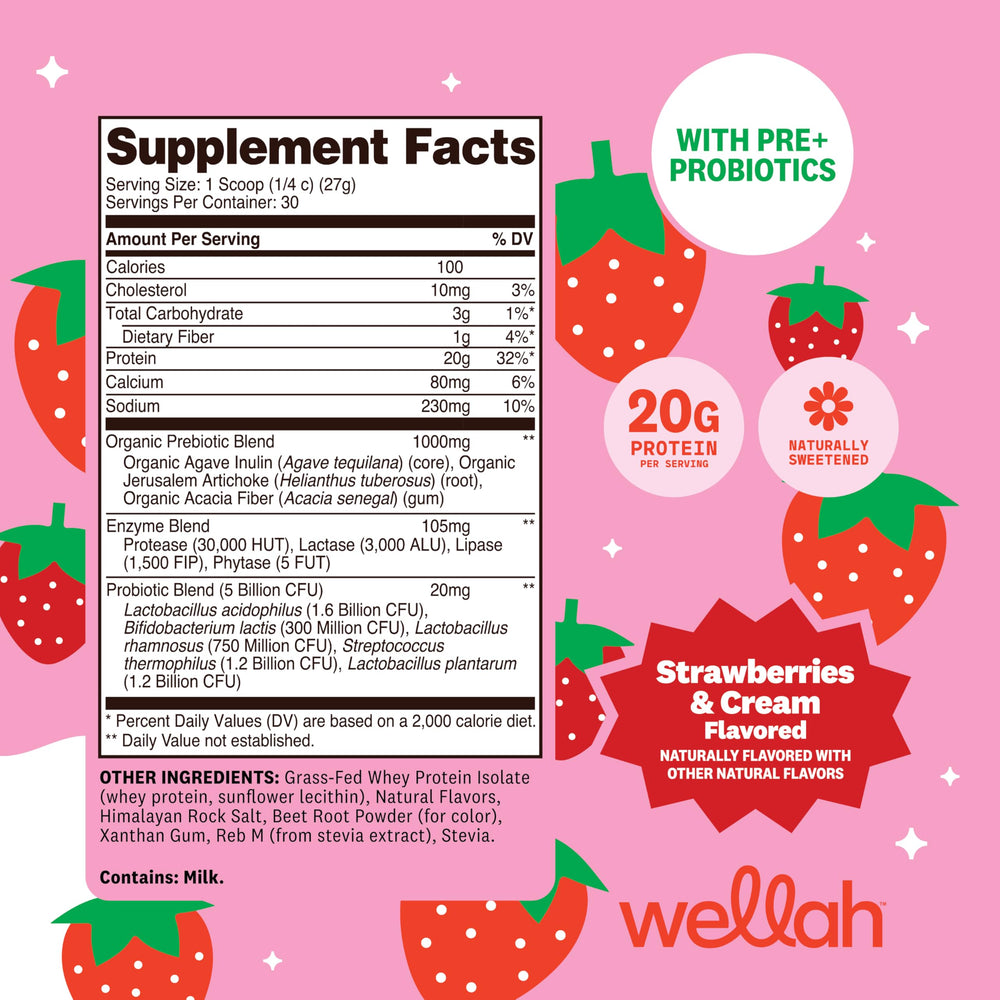 Wellah whey scoop dispensing powder, easy measurement for shake preparation.