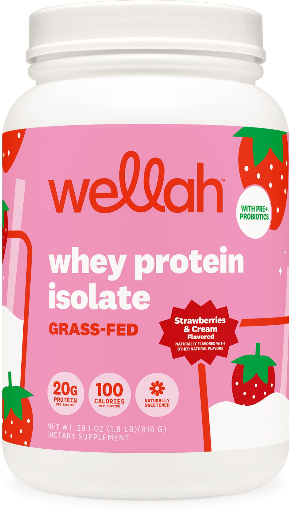 Wellah grass-fed whey tub in strawberries and cream, delicious daily protein for workouts.