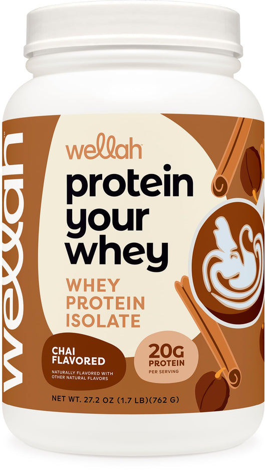 Wellah Protein Your Whey chai bottle with label highlighting flavor options for daily nutrition.