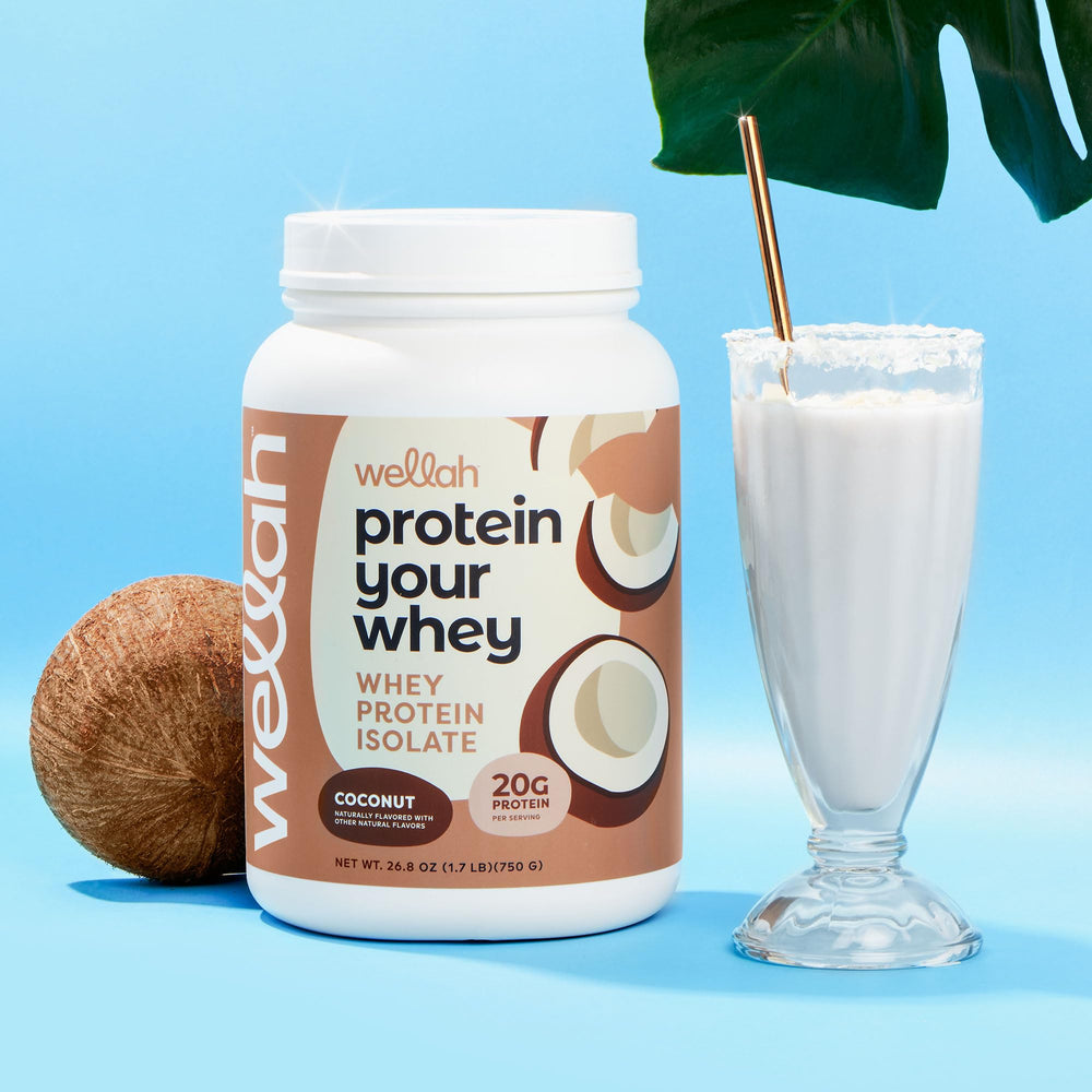 Wellah Protein Your Whey coconut shake serve, easy post-workout mix.