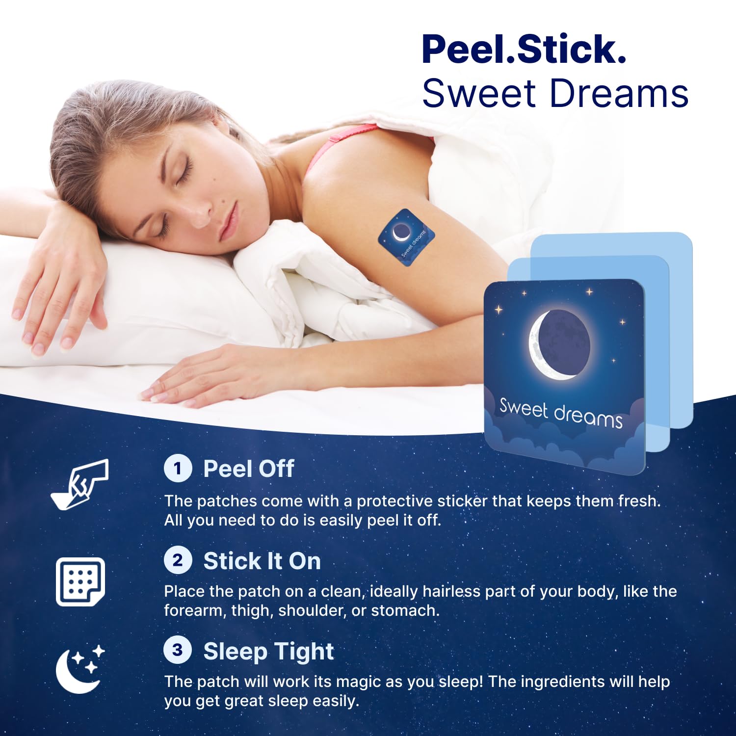 Wellamoon Original Sleep Patches on skin close-up reveals gentle adhesion.