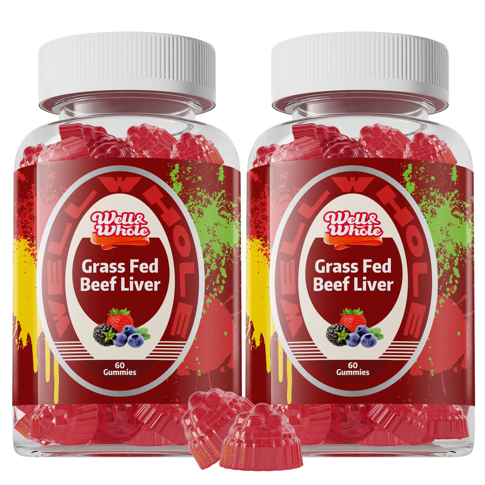 Well&Whole grass-fed beef liver gummies bottle for on-the-go energy.