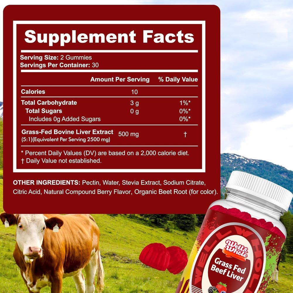Well&Whole label highlights grass-fed desiccated liver for trusted nutrition.