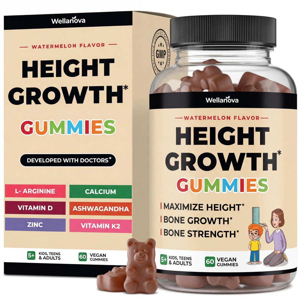 Wellanova Height Growth Gummies bottle with colorful chews for bone health
