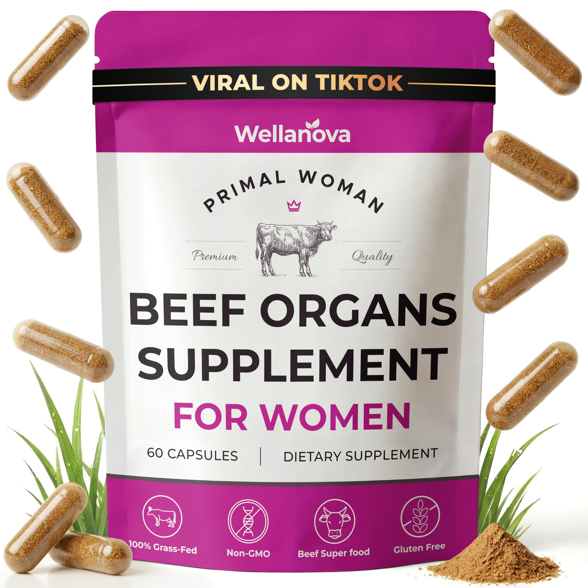 Wellanova Primal bottle display suggests daily vitality with a grass-fed organ blend.