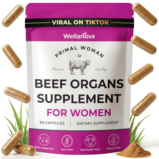 Wellanova Primal bottle display suggests daily vitality with a grass-fed organ blend.
