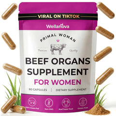 Wellanova Primal bottle display suggests daily vitality with a grass-fed organ blend.