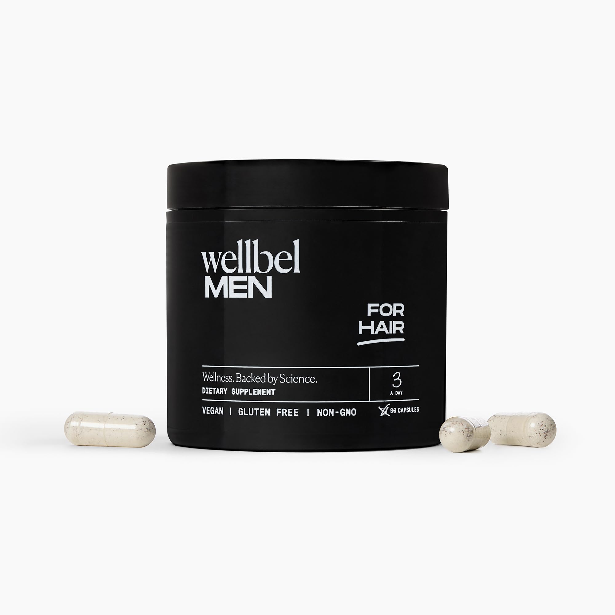 WELLBEL Men bottle-front showing vegan clean supplement for daily use in hair health.